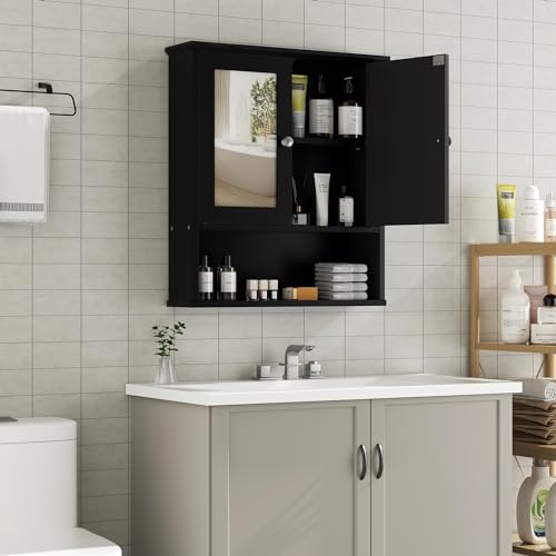 Shintenchi Bathroom Medicine Cabinet with Mirror, Wall Mounted, Black | Over The Toilet Cupboard, Adjustable Shelf, Open & Concealed Storage, 2 Magnet Doors, Space-Saving, Easy to Clean - color: Black