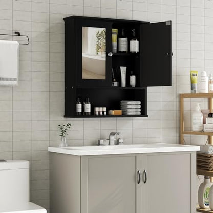 Shintenchi Bathroom Medicine Cabinet with Mirror, Wall Mounted, Black | Over The Toilet Cupboard, Adjustable Shelf, Open & Concealed Storage, 2 Magnet Doors, Space-Saving, Easy to Clean - color: Black