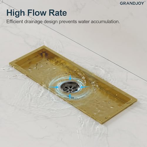 12-Inch Linear Shower Drain, Brushed Gold SUS304 Stainless Steel with 2-in-1 Tile Insert Cover & Flat Grate, High Flow Floor Drainer with Hair Strainer, Adjustable Feet - color: Brushed Gold, size: 12