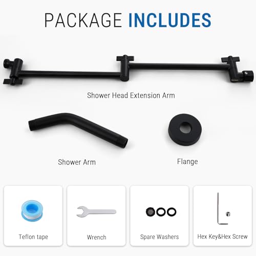 G-Promise 18 Inch Shower Extender with 6 Inch Arm and Flange(Matte Black) | Solid Brass Construction, Height and Angle Adjustable, Standard Connection Thread, All Installation Tools Included - color: Matte Black, style: 18 Inch