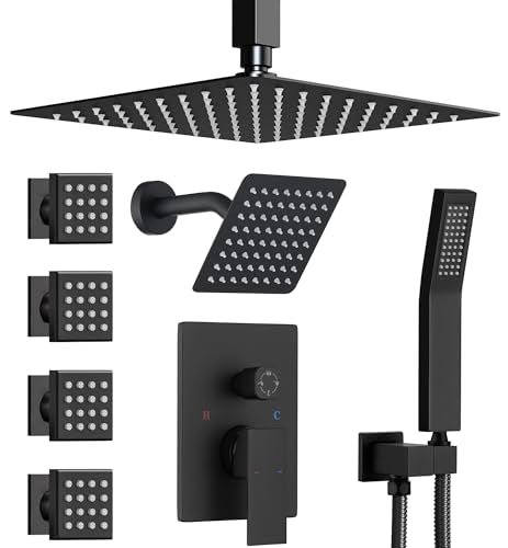 Dual Rainfall Shower Head System with 4 Body Jets, JetsBath Shower Faucet Set Double Shower Head 6-Inch Shower Head & 12” Rain Shower, Luxury Matte Black Shower Faucet Set Tandem Shower Head System - color: Matte Black