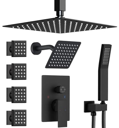 Dual Rainfall Shower Head System with 4 Body Jets, JetsBath Shower Faucet Set Double Shower Head 6-Inch Shower Head & 12” Rain Shower, Luxury Matte Black Shower Faucet Set Tandem Shower Head System - color: Matte Black