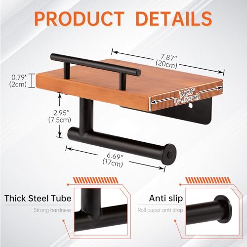 Toilet Paper Holder with Wood Shelf, Wall Mount Toilet Paper Roll Holder with Wooden Shelf and Matte Black Stainless Steel Pipe, Tissue Roll Holder for Bathroom Washroom (Light Brown, 7.9'' x 5.9'') - color: Light Brown, size: 7.9'' x 5.9''