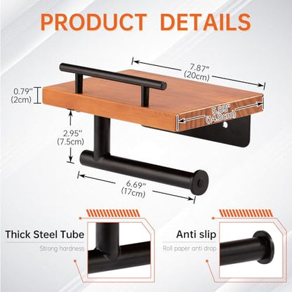 Toilet Paper Holder with Wood Shelf, Wall Mount Toilet Paper Roll Holder with Wooden Shelf and Matte Black Stainless Steel Pipe, Tissue Roll Holder for Bathroom Washroom (Light Brown, 7.9'' x 5.9'') - color: Light Brown, size: 7.9'' x 5.9''