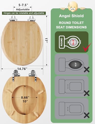 Angol Shiold ROUND Bamboo Toilet Seat Quick Release Soft Close 16.5Inch | Adjustable Zinc Alloy Strong Hinges, Light, Easy to Install & Clean, Up to 400 lbs (Round 16.5", Natural Bamboo) - color: Soft Close & Quick Release, size: Round -16.5"