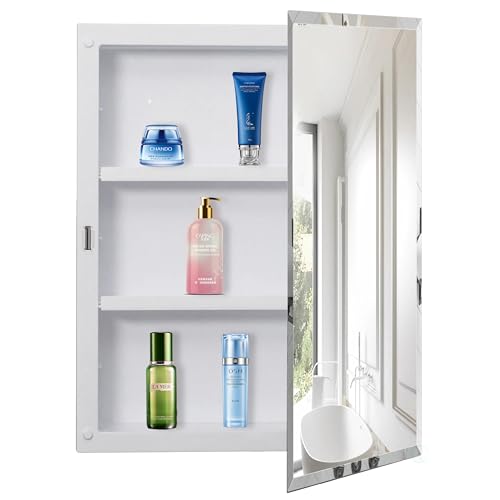 Single Door Multi-Purpose Plastic Bathroom Medicine Cabinet with Mirror, Surface or Recessed Mount, Vanity Cabinet with 2 Plastic Adjustable Shelves, White