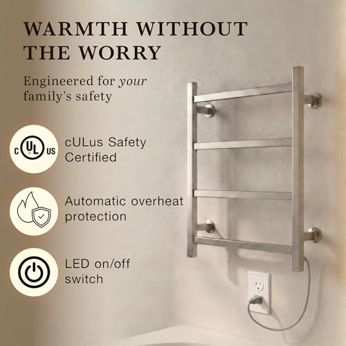 WarmlyYours Palma Heated Towel Rack, 4 Bars, Polished Steel | Wall-mounted compact electric towel warmer and dryer, plug-in or hardwired, 304 stainless steel, warms 2 towels or a robe