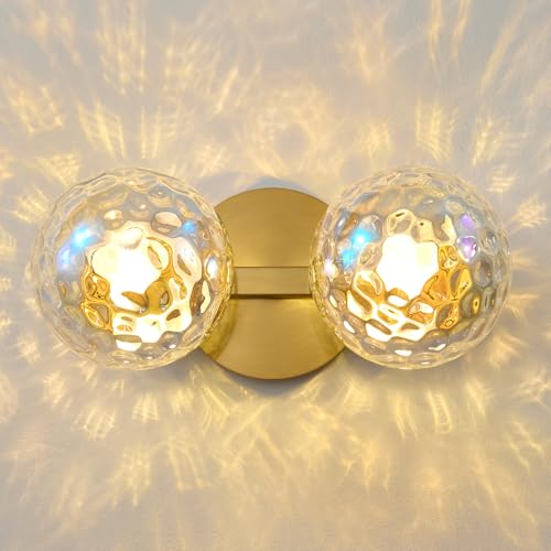 Gold Globe Wall Sconce,Vanities Lights with 2 Stained Glass Shades | 6" Modern Spherical Vanity Sconces,Contemporary Small Brass Ball Lights Fixture for Entryway Bedside Bathroom,E26 Base - color: Gold - Hammered Stained Glass, size: 2-Light