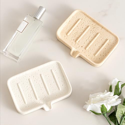 Soap Dish, Bar Soap Holder, Travertine Stone Look, Off White | Self Draining,Sponge Holders Tray for Shower,for Dispenser,Scrubber,Bottle,Cup on Bathroom Kitchen Bathtub Sink or Counter - color: White