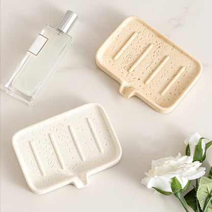 Soap Dish, Bar Soap Holder, Travertine Stone Look, Off White | Self Draining,Sponge Holders Tray for Shower,for Dispenser,Scrubber,Bottle,Cup on Bathroom Kitchen Bathtub Sink or Counter - color: White