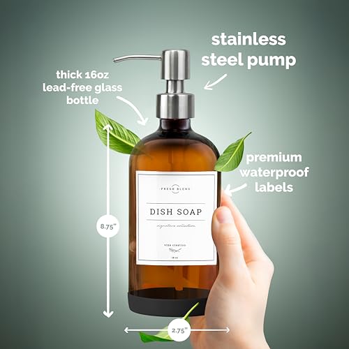 Vine Creations Amber Glass Soap Dispenser, 2 Pack Kitchen Soap Dispenser Set with Stainless Steel Pump, 16 oz Hand Soap or Dish Soap for Bathroom or Kitchen with Waterproof Labels - color: Amber Bottle / Silver Pump