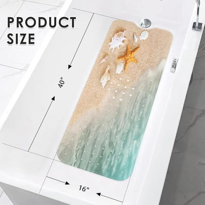 Bath Mat for Tub, Starfish Beach, 40 X 16 Inch, for Kids | Summer Sea Shell Extra Long Bathtub Mat Anti Slip with Suction Cups and Drain Holes for Kids Adults Elderly - color: Beach Starfish