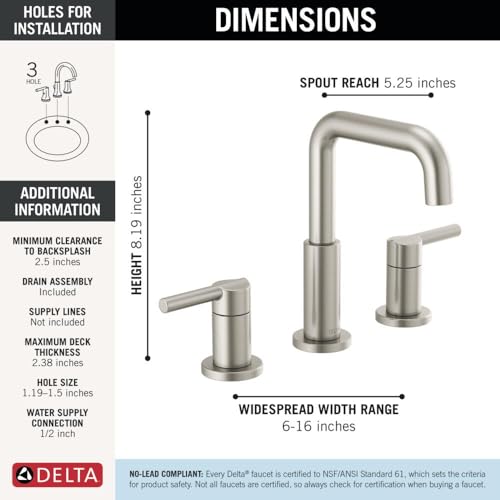 Delta Faucet Nicoli Widespread Bathroom Faucet Brushed Nickel, Bathroom Faucet 3 Hole, Bathroom Sink Faucet, Drain Assembly, Stainless 35849LF-SS - color: Stainless