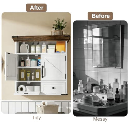 Bathroom Wall Cabinet, Farmhouse Medicine Cabinet with Door, 8.9"D x 25.6"W x 24.8"H, Wall Mounted Bathroom Cabinet with Adjustable Shelf, Wall Storage Cabinet for Laundry Room & Kitchen(White) - size: 8.9"D x 25.6"W x 24.8"H