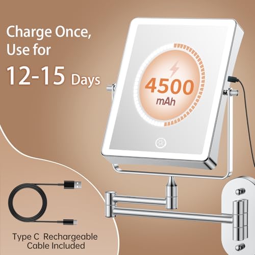 FASCINATE 8.7" 4500mAh Rechargeable Wall Mounted Makeup Mirror (Chrome) | Double Sided 1X 30X Rectangle Wall Mounted Magnifying Mirror with Light, 3 Color Setting, Extended Arm 360° Foldable - color: Chrome a