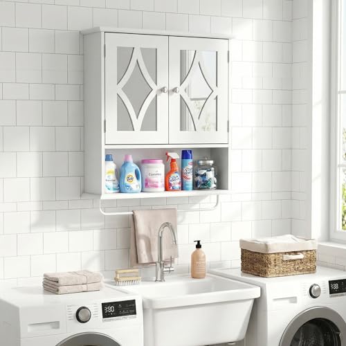 RoyalCraft Bathroom Wall Cabinet with Mirror, Over the Toilet Storage Cabinet with Towel Rack and Adjustable Shelf, Large Bathroom Medicine Cabinet Wall Mount 22x25 inch (White) - color: White