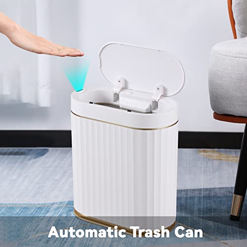 ELPHECO Bathroom Trash Can with Lid, 2 Gallon, Motion Sensor, White Gold | Automatic Garbage Can, IPX5 Waterproof Plastic Wastebasket, Trash Bin for Bathroom, Bedroom, Kitchen and Office - color: White Gold