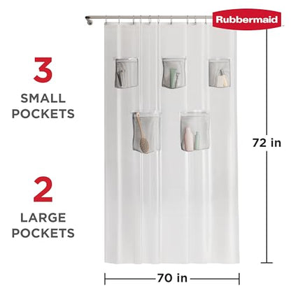 Rubbermaid Heavyweight PEVA Shower Curtain Liner with 5 Mesh Storage Pockets, Waterproof Shower Liner with Rustproof Metal Grommets, BPA-Free, 70 x 72 Inches, Clear with Grey Grommets and Pockets - color: Clear, size: 70"W x 72"L (Pack of 2), style: With
