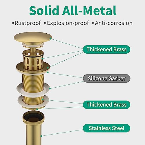 Bathroom Pop up Drain Without Overflow, Anti-Clogging Vessel Sink Drain Strainer, Pop Up Drain with Detachable Basket, Hair Catcher Bathroom Sink Drain Stopper(Brushed Gold, No Overflow) | Anti-Clogging Vessel Sink Drain Strainer, Pop Up Drain with Detach