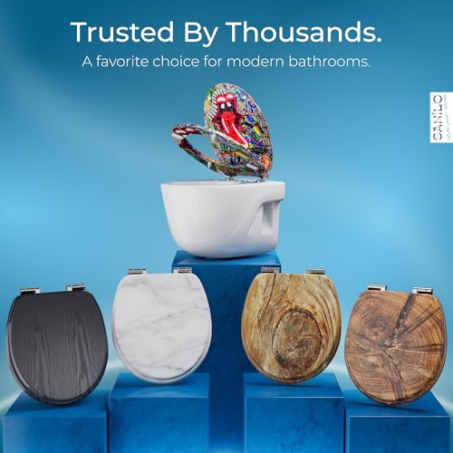 SANILO Wooden Toilet Seat with Soft Close [ROUND] - Decorative, Quiet & Slow Close Molded Wood Seat - With Strong Bumpers & Hinges - Adjustable Fit – Graffiti - color: Graffiti