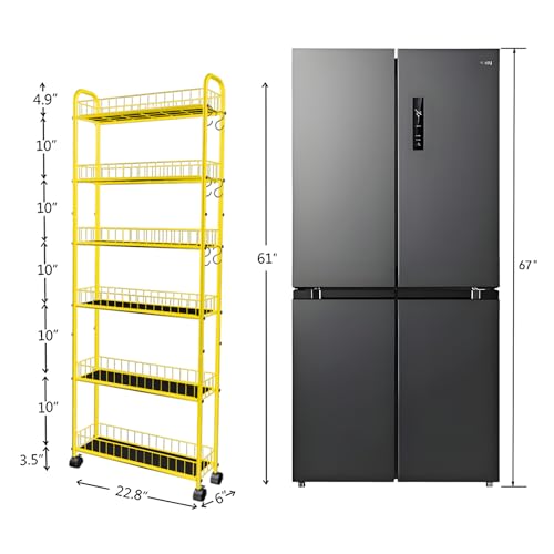 6-Tier Slim Storage Cart with Wheels, Metal 6in Narrow Rolling Shelf, Sturdy Slim Storage with Hooks Ideal for Kitchen, Bathroom, and Laundry Room, Yellow - size: 6in Yellow