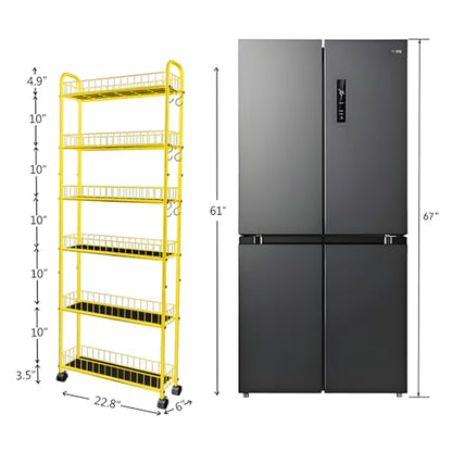 6-Tier Slim Storage Cart with Wheels, Metal 6in Narrow Rolling Shelf, Sturdy Slim Storage with Hooks Ideal for Kitchen, Bathroom, and Laundry Room, Yellow - size: 6in Yellow