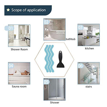 24pcs Wavy Pattern Blue Transparent Nonslip Stickers 1.3x18cm Anti Slip Shower Stickers with Scraper for Bathtub, Tile, Wood Floor