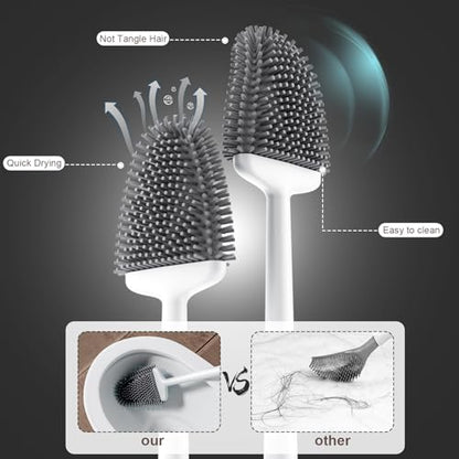 Silicone Toilet Brush, Ventilation Slots Holder 1 Pack Pearl White | Flexible Bristles Flat Head for Rim, Hair Tangle-Free, Easy to Clean, Compact Design, Rustproof Handle, for Toilet/Sink/Tub - color: White