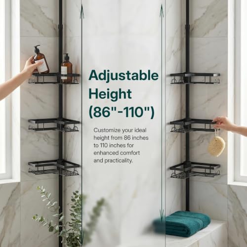 Tension Pole Shower Caddy, 4-Tier Corner Organizer with Hooks & Side Boxes, Thickened Carbon Steel No-Drill Standing Bathroom Storage for Tub & Shower