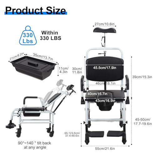 Reclining Shower Chair with Wheels,Commode Wheelchair Toilet Chair | Padded Transfer Chair with Headrest, Flip-up Armrests & Foot Rests, Tilt Rolling Wheelchair for Elderly, Disabled, Handicap