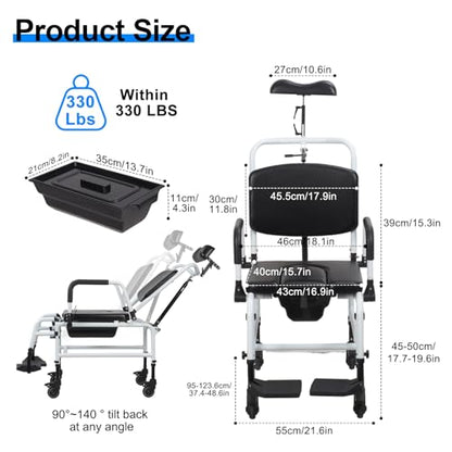 Reclining Shower Chair with Wheels,Commode Wheelchair Toilet Chair | Padded Transfer Chair with Headrest, Flip-up Armrests & Foot Rests, Tilt Rolling Wheelchair for Elderly, Disabled, Handicap