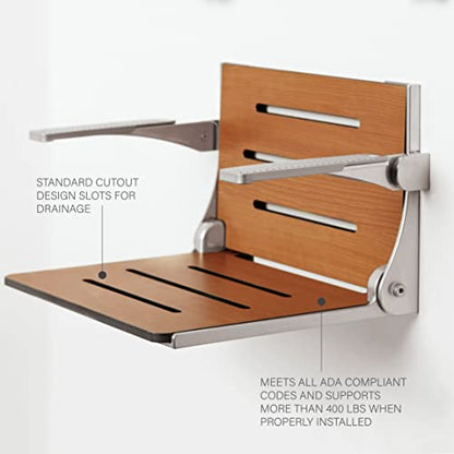 Seachrome Silhouette Comfort Folding Wall Mount Shower Bench Seat with Arms, Teak Seat with Silver Frame - color: Teak Seat With Silver Frame and Silver Arm Pads