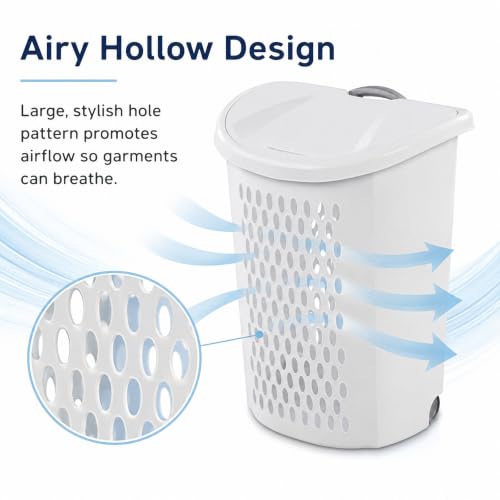 135L White Wheeled Plastic Laundry Hamper - Rolling Laundry Basket with Lid | Pull handle & easy-roll wheels make this rolling laundry hamper with lid easy to move in dorms, apartments & bedrooms. - size: 3.8Bushel