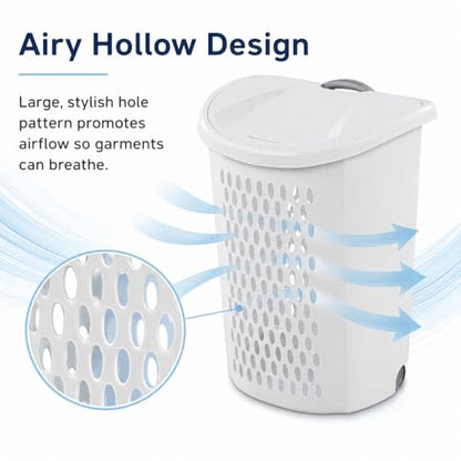 135L White Wheeled Plastic Laundry Hamper - Rolling Laundry Basket with Lid | Pull handle & easy-roll wheels make this rolling laundry hamper with lid easy to move in dorms, apartments & bedrooms. - size: 3.8Bushel
