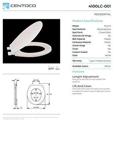 Centoco Lift & Clean, Slow Close Round Toilet Seat, 4100LC-001, USA, White | Lift-Off, Cover, Plastic, Made in the USA - color: White, size: Round, style: Lift and Clean