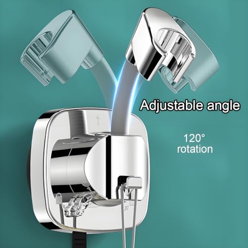 Suction Cup Shower Head Holder - Angle Adjustable Spring Arm, Flexible Wall Mount Shower Hose Holder, Removable Hand Held Shower Bracket with Vacuum Lock & Bonus Hook for Bathroom, Kitchen - color: Silver