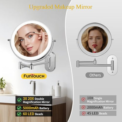 FUNTOUCH 5000mAh Rechargeable Wall Mounted Makeup Mirror with Lights 3X/20X | Double Sided Magnifying,3 Color Lights,Touch Dimmable, Extended Arm 360 Rotation Lighted Bathroom Mirror with Magnification - color: Chrome