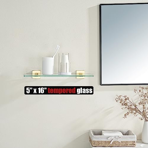 JQK Bathroom Glass Shelf, Floating Tempered Glass Shower Storage 16 by 5 inches, 304 Stainless Steel Brushed Gold Wall Mount, TGS201L16-BG - color: Brushed Gold, size: 16 Inch