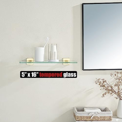 JQK Bathroom Glass Shelf, Floating Tempered Glass Shower Storage 16 by 5 inches, 304 Stainless Steel Brushed Gold Wall Mount, TGS201L16-BG - color: Brushed Gold, size: 16 Inch