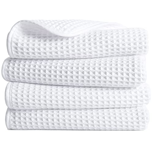 POLYTE 430 GSM Poly Blend Microfiber Quick Dry Waffle Hand Towel, 16x30 in | 4 Pack, Oversize, Lint Free, Quick Dry, Hanging Loop - color: White