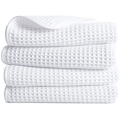 POLYTE 430 GSM Poly Blend Microfiber Quick Dry Waffle Hand Towel, 16x30 in | 4 Pack, Oversize, Lint Free, Quick Dry, Hanging Loop - color: White