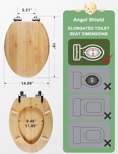 Angol Shiold ELONGATED Bamboo Wood Toilet Seat Soft Close 18.5Inch | Zinc Alloy Strong Hinges, Light, Easy to Install & Clean, Up to 400 lbs (Elongated 18.5", Natural Bamboo) - color: Soft Close, size: Elongated -18.5"