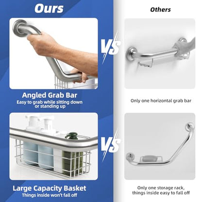 FSA Eligible, Upgrade 16 inch Angled Grab Bar with Storage Basket, Handicap Grab Bar for Elderly, Stainless Steel, Grab Bars for Shower, Bathroom Mobility Aid, Heavy Duty 550lbs Support