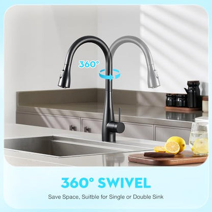 CREA Black Kitchen Faucet, Pull Down Black Kitchen Faucets with Sprayer 3 Modes, Uitility Laundry Faucets Single Hole Bar Sink Faucet 360° Swivel High Arc RV Stainless Steel Faucet, Matte Black - color: Black, style: elliptical