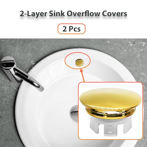 2 Pcs Sink Overflow Covers,2-Layer Sink Copper Over flow Rings,Bathroom Basin Insert in Hole Round Caps Replacement Dual Layer Overflow Cover Rings for Sink,Bathroom,Kitchen(Bright Gold) - color: Bright Gold