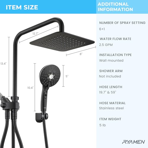 Dual Shower Head Combo, 8'' High Pressure Rain Shower Head with Handheld Spray, 6+1 Spray Settings Handheld Showerhead, Height Adjustable, One-touch Pause Button, Matte Black - color: Black