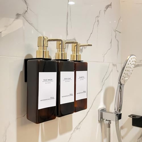 Shampoo and Conditioner Dispenser, No Drill, 16 Waterproof Labels | Shampoo Dispenser for Shower Wall, Shower Soap Dispenser Wall Mounted 3 Chamber, Bathroom, 17oz, Gold Amber - color: Amber Bottle + Gold Pump