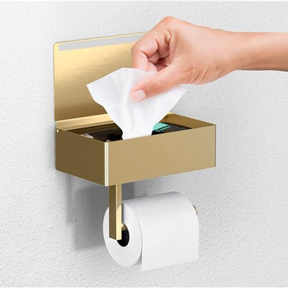 Day Moon™ - Toilet Paper Holder with Shelf - Modern Roll Holder for Bathroom - 1 Pack - Wall Mount - with Storage, Gold - color: Gold