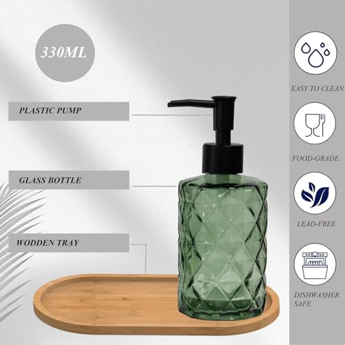 12oz Green Glass Hand and Dish Soap Dispenser Set, Diamond Design, Set of 2 | Bathroom Soap Dispenser with Plastic Pumps, Bamboo Tray for Hand Wash & Dish Wash, for Bathroom Kitchen Countertop - color: Green