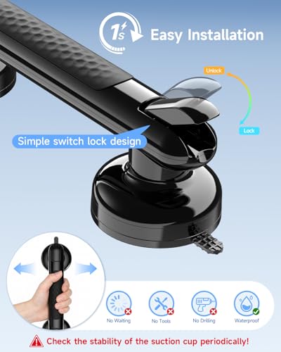 Upgraded Suction Shower Handle with Anti-Slip, Black | 2 Pack Grab Bars for Shower and Bathroom, Heavy Duty Removable Safety Grip Handrails Grab Bars for Bathtubs, No Drilling - color: Black